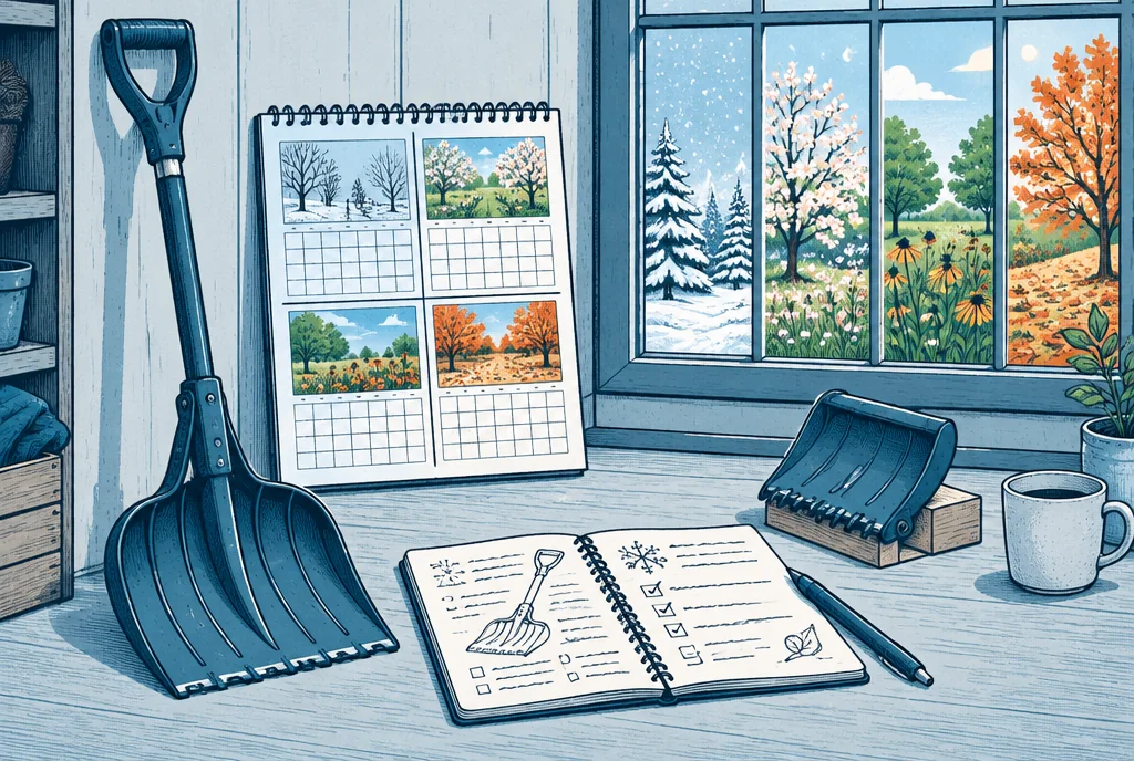 A seasonal garden tool stored beside a calendar and a window showing changing seasons, user notes and a small seasonal-use prototype emphasize timing rather than daily frequency.