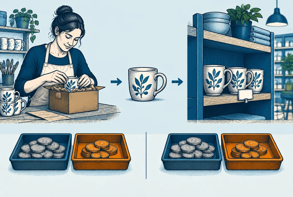 A product moves from a maker's small box to a retailer shelf, separate cost and margin coin trays beneath each stage, tangible retail economics without claimed numbers.