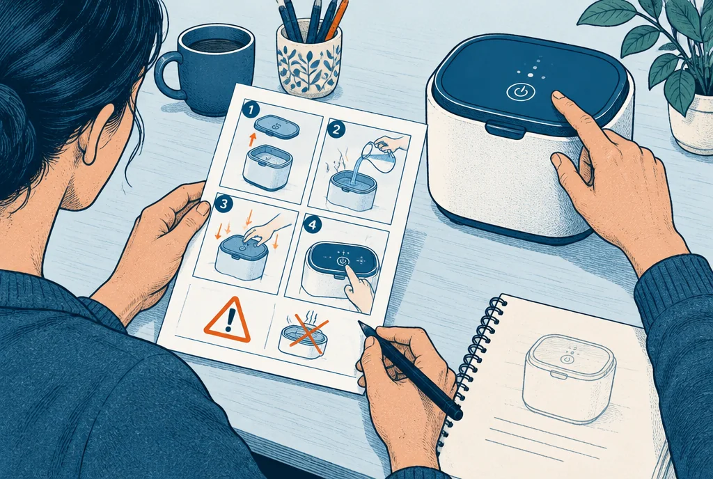 An illustrator creates a clear step-by-step instruction leaflet beside a simple household device, hands compare the drawing to the actual controls and a distinct caution symbol.