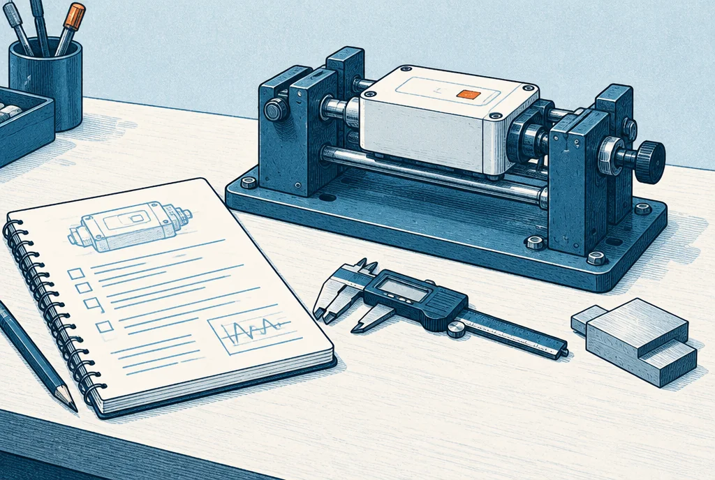 A prototype sits ready in a test fixture with a written plan, measurement tool and acceptance-reference sample arranged before the test begins.