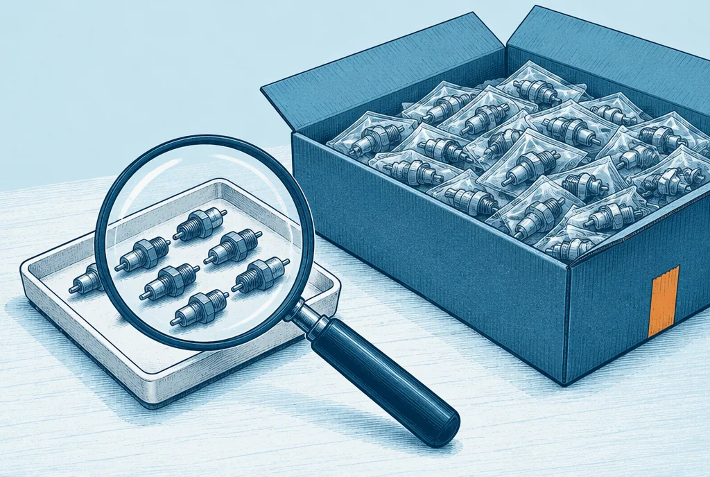 A small tray of tested intact components sits beside a much larger unopened batch, a magnifier emphasizes how little of the total has actually been observed.